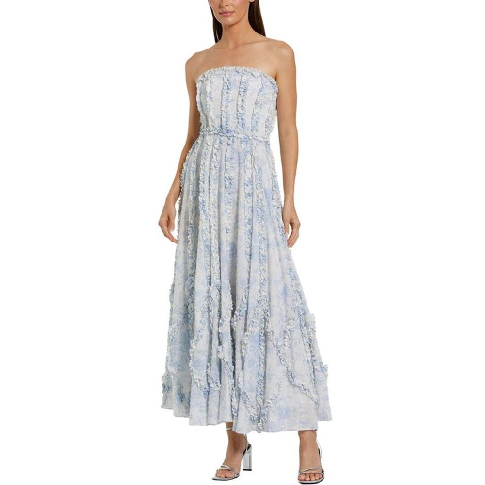 Mac Duggal Strapless Pale Blue & White Textured Floral Midi Dress. Worn once.